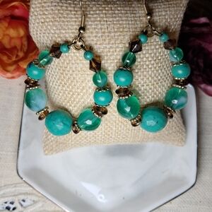 Beaded Turquoise & Amber Boho Hoops (Goldtone)